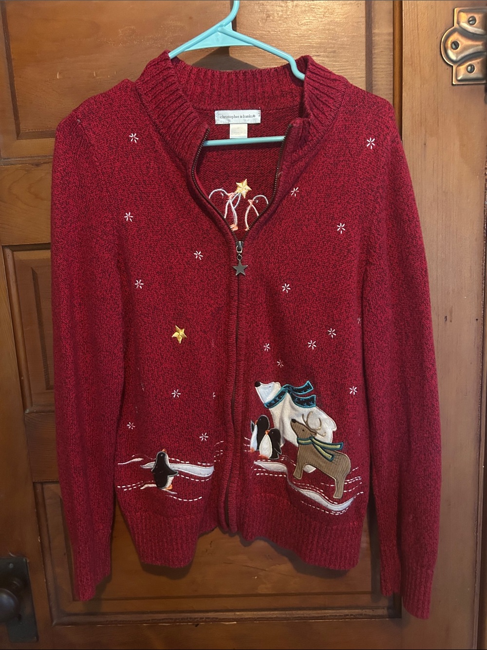 Christopher & Banks Red Holiday Embroidered Zip Cardigan